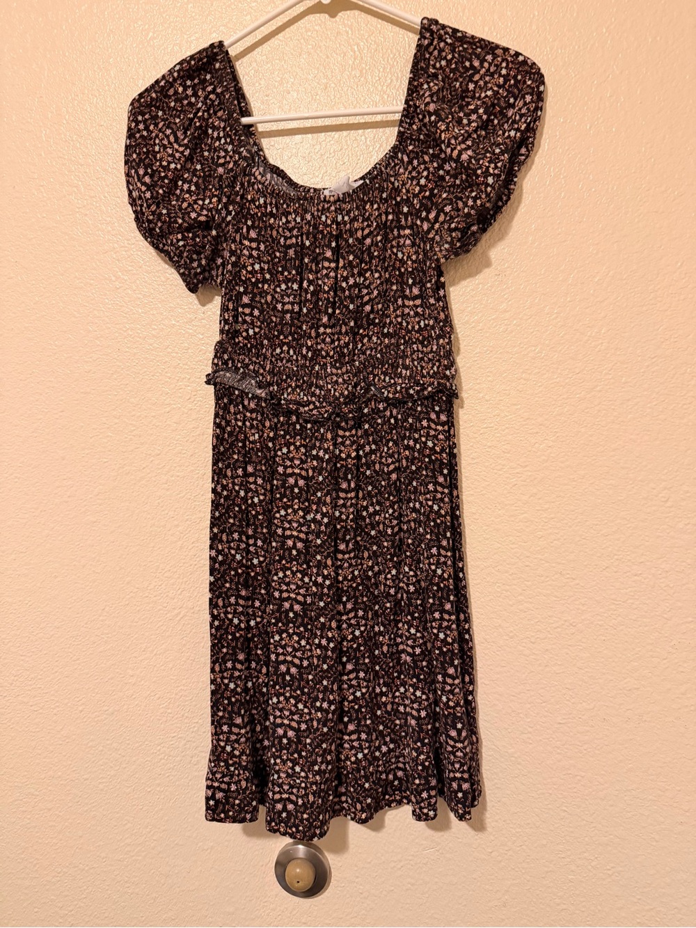 Pink Rose Black Floral Smocked Puff-Sleeve Mini Dress